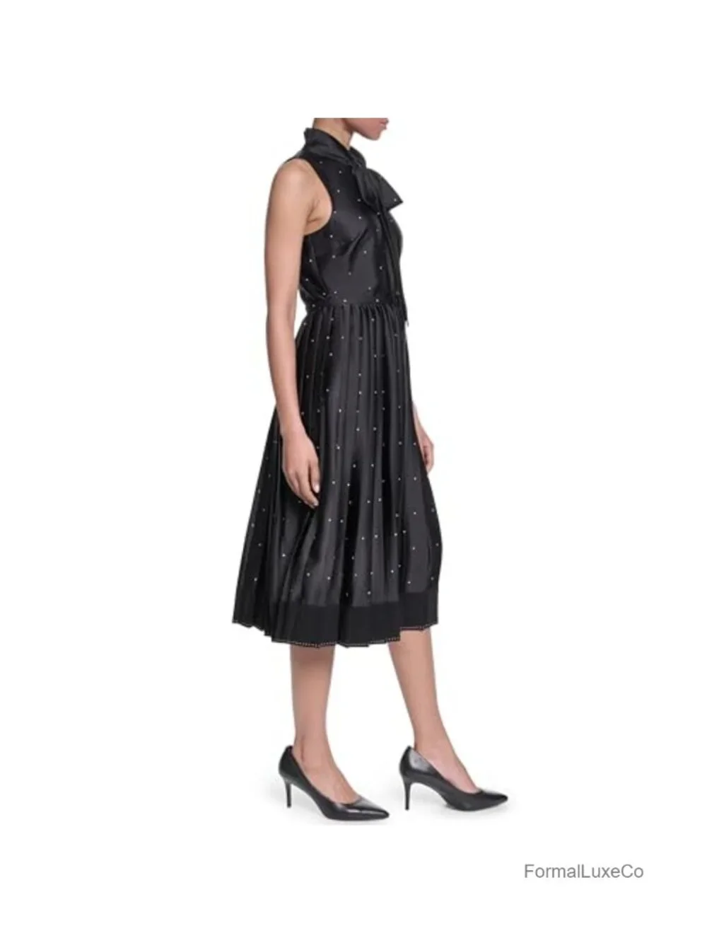 Sleeveless Tie Neck Matte Satin Pleated Midi Dress